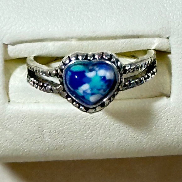 Silver ring w/heart cut multi-blue colored stone, most likely Mosaic Jasper NWOT - Picture 2 of 15